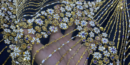 Luxurious Pearl / Beaded Lace - Black / Gold - 1 yard