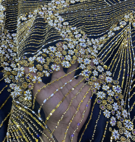 Luxurious Pearl / Beaded Lace - Black / Gold - 1 yard
