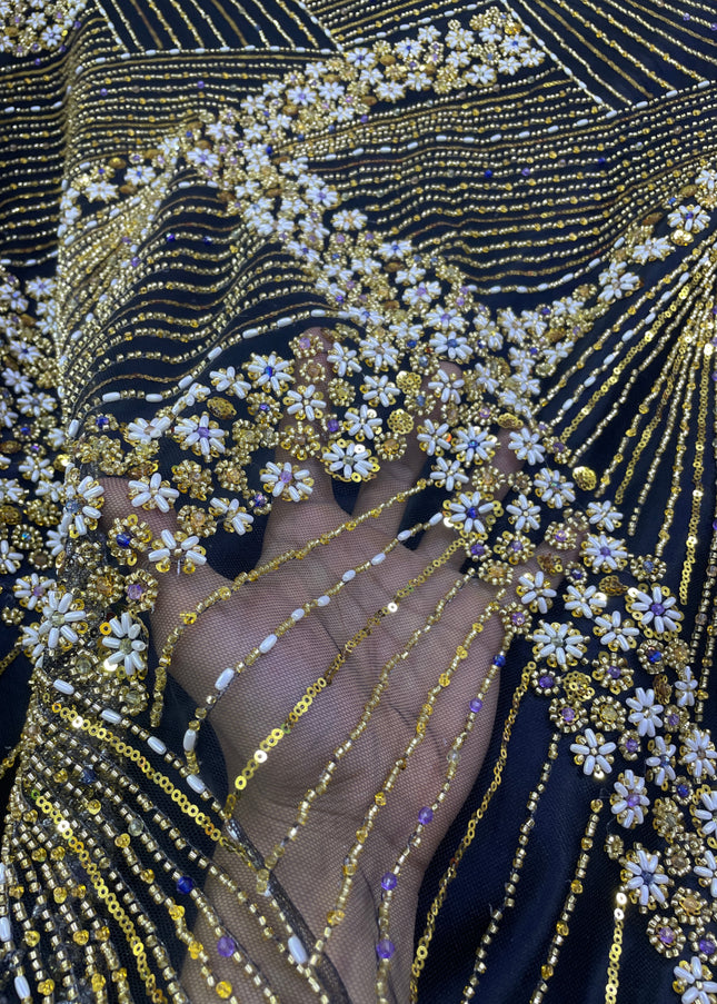 Luxurious Pearl / Beaded Lace - Black / Gold - 1 yard