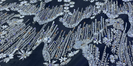 Beaded with Embroidered Rhinestones - Black / Silver - 1 yard