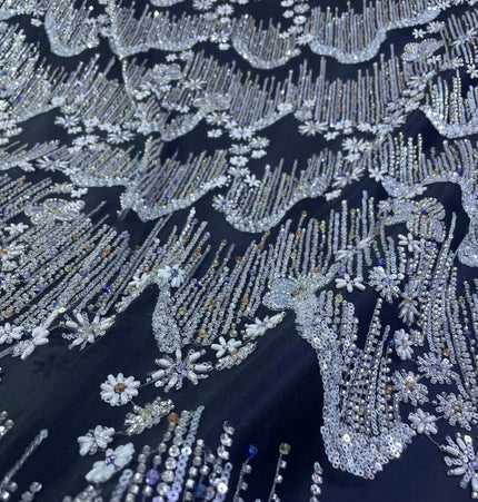 Beaded with Embroidered Rhinestones - Black / Silver - 1 yard