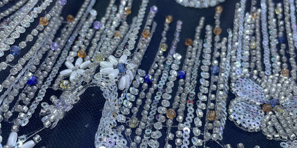 Beaded with Embroidered Rhinestones - Black / Silver - 1 yard