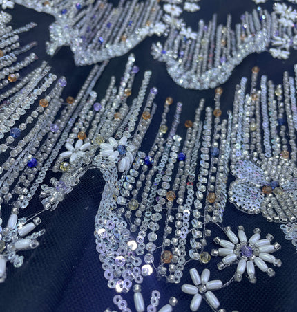 Beaded with Embroidered Rhinestones - Black / Silver - 1 yard