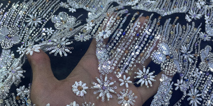 Beaded with Embroidered Rhinestones - Black / Silver - 1 yard