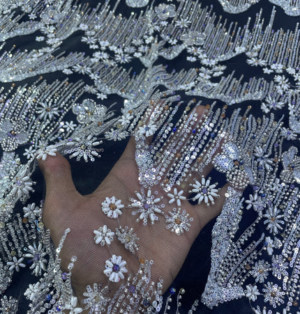 Beaded with Embroidered Rhinestones - Black / Silver - 1 yard