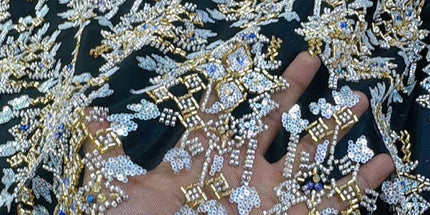 Pearl / Beaded Wedding Dress - Black / Gold - 1 Yard