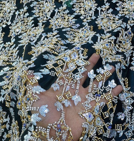 Pearl / Beaded Wedding Dress - Black / Gold - 1 Yard