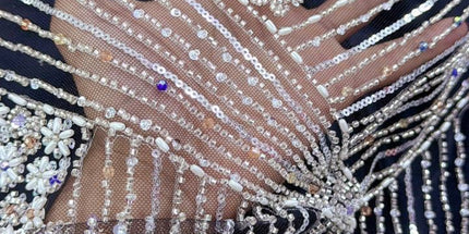 Luxurious Pearl / Beaded Lace - Black / Silver - 1 yard