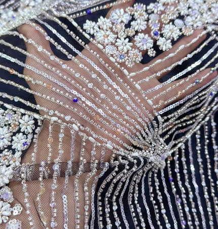Luxurious Pearl / Beaded Lace - Black / Silver - 1 yard