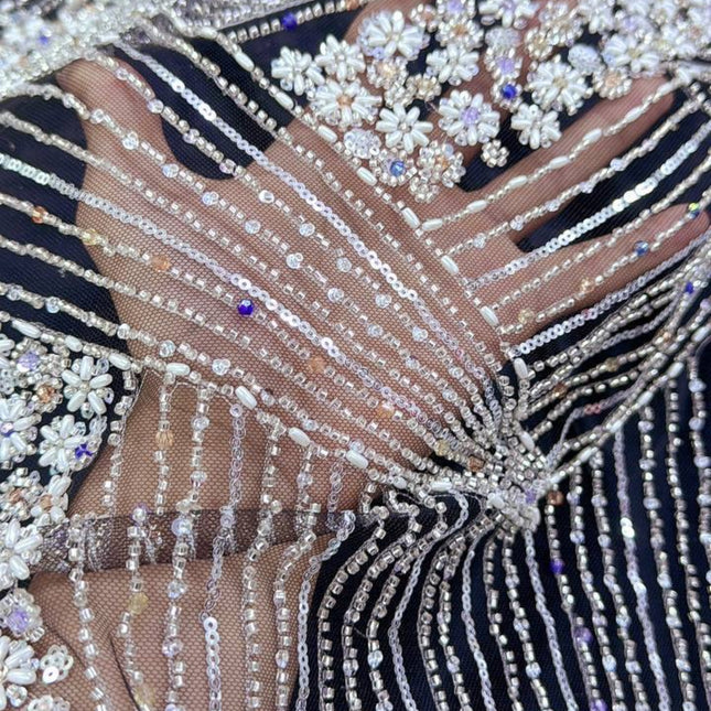 Luxurious Pearl / Beaded Lace - Black / Silver - 1 yard