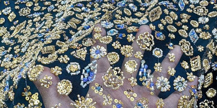 Prestige Pearl / Beaded Lace - Black / Gold - 1 Yard