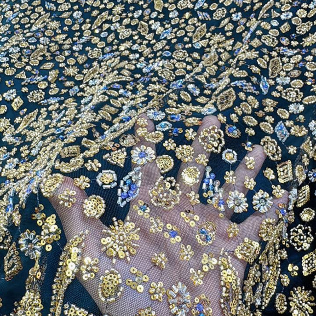 Prestige Pearl / Beaded Lace - Black / Gold - 1 Yard