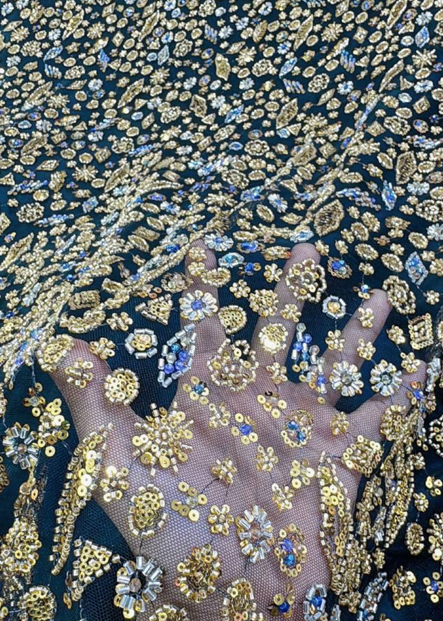 Prestige Pearl / Beaded Lace - Black / Gold - 1 Yard