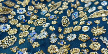 Prestige Pearl / Beaded Lace - Black / Gold - 1 Yard