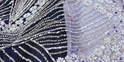 Luxurious Pearl / Beaded Lace - Black / Silver - 1 yard