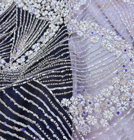 Luxurious Pearl / Beaded Lace - Black / Silver - 1 yard