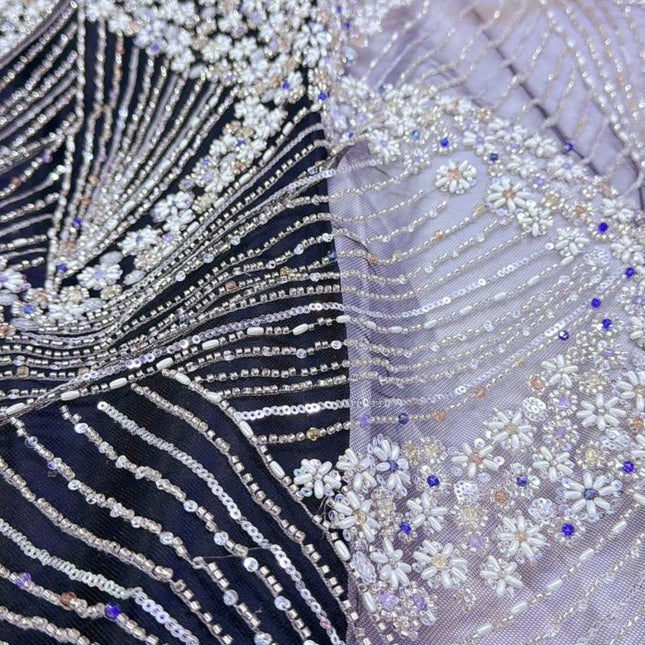 Luxurious Pearl / Beaded Lace - Black / Silver - 1 yard