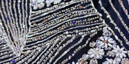 Luxurious Pearl / Beaded Lace - Black / Silver - 1 yard