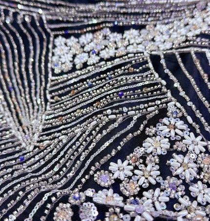 Luxurious Pearl / Beaded Lace - Black / Silver - 1 yard