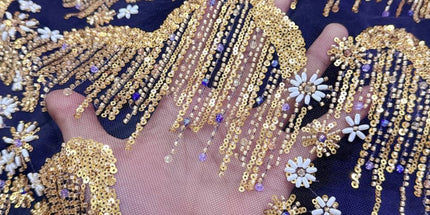 Beaded with Embroidered Rhinestones - Black / Gold - 1 Yard