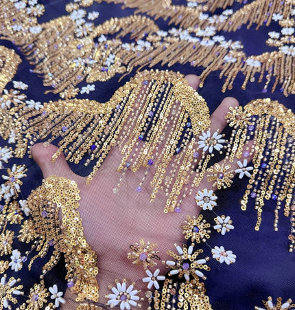 Beaded with Embroidered Rhinestones - Black / Gold - 1 Yard
