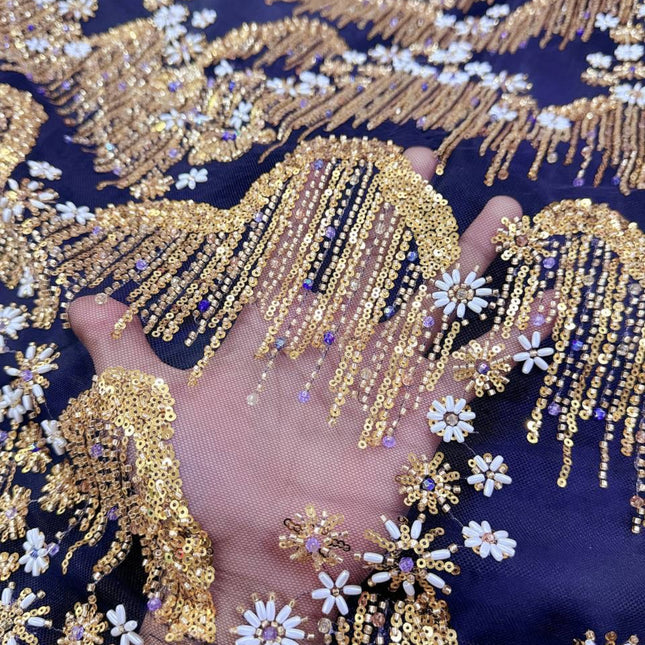 Beaded with Embroidered Rhinestones - Black / Gold - 1 Yard