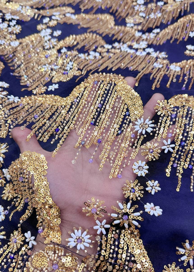 Beaded with Embroidered Rhinestones - Black / Gold - 1 Yard