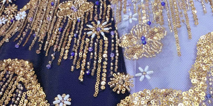 Beaded with Embroidered Rhinestones - Black / Gold - 1 Yard