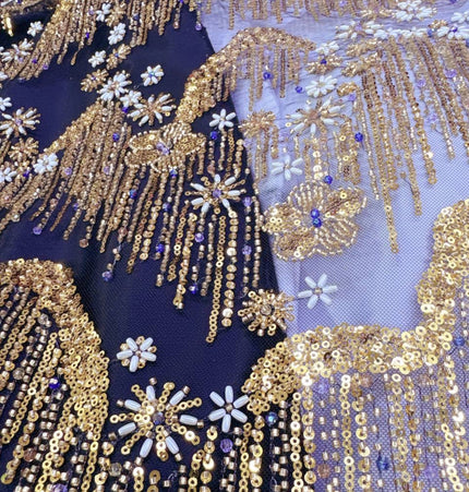 Beaded with Embroidered Rhinestones - Black / Gold - 1 Yard