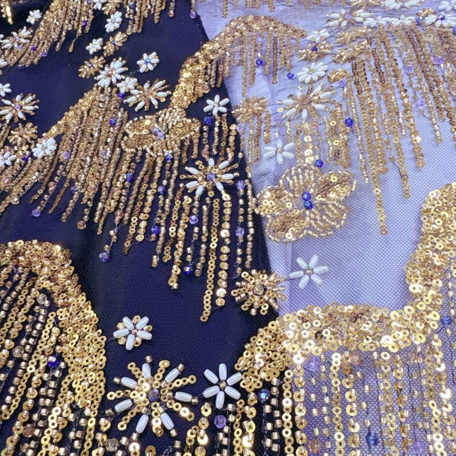 Beaded with Embroidered Rhinestones - Black / Gold - 1 Yard