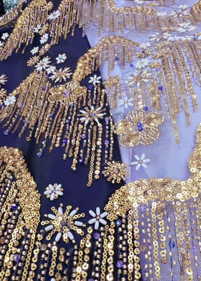 Beaded with Embroidered Rhinestones - Black / Gold - 1 Yard