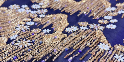 Beaded with Embroidered Rhinestones - Black / Gold - 1 Yard