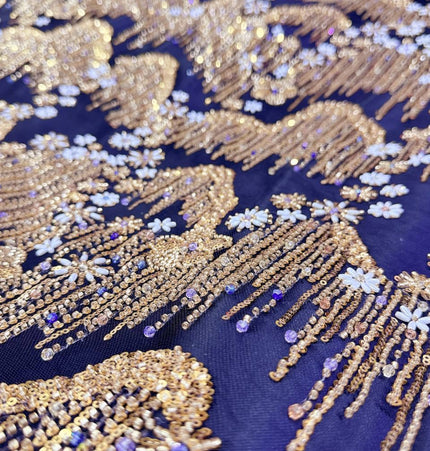 Beaded with Embroidered Rhinestones - Black / Gold - 1 Yard