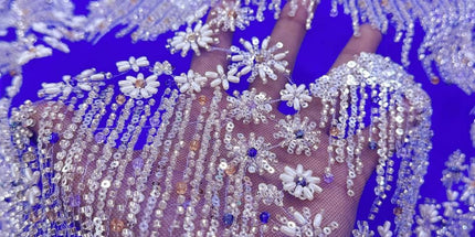 Beaded with Embroidered Rhinestones - Royal Blue / Silver - 1 yard