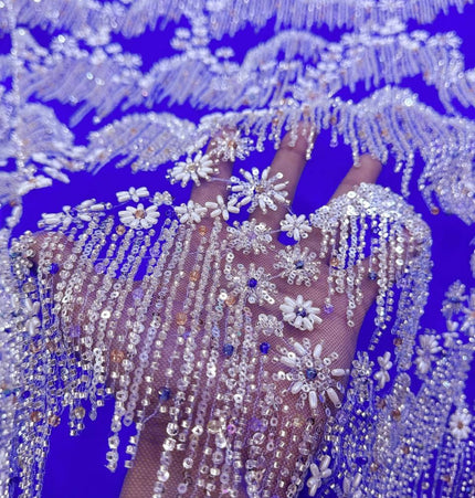 Beaded with Embroidered Rhinestones - Royal Blue / Silver - 1 yard