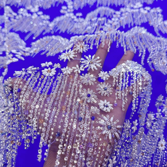 Beaded with Embroidered Rhinestones - Royal Blue / Silver - 1 yard