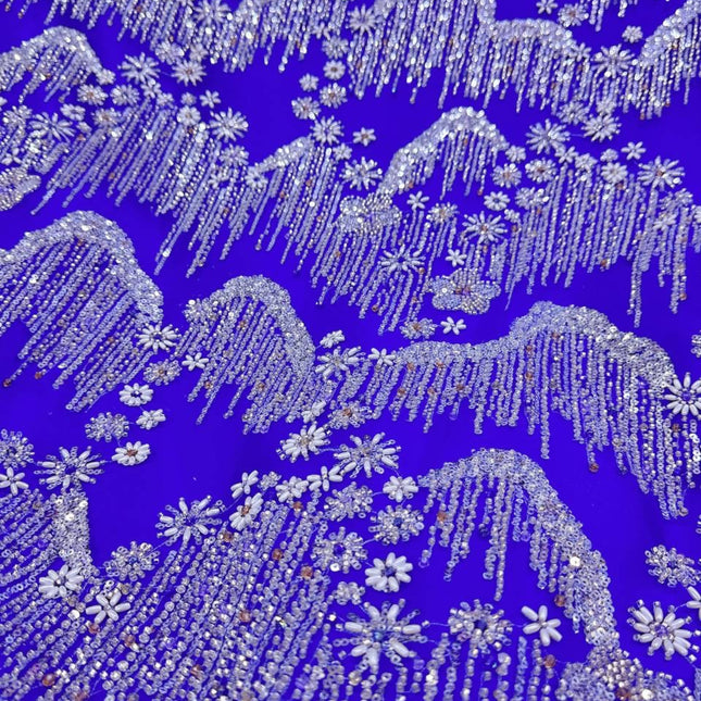 Beaded with Embroidered Rhinestones - Royal Blue / Silver - 1 yard