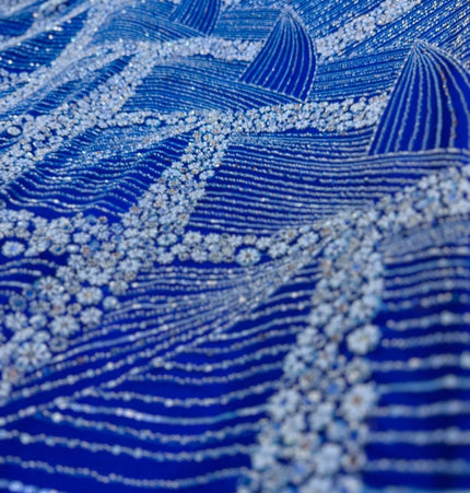 Luxurious Pearl / Beaded Lace - Royal Blue / Silver - 1 yard