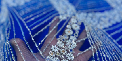 Luxurious Pearl / Beaded Lace - Royal Blue / Silver - 1 yard