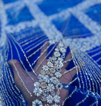 Luxurious Pearl / Beaded Lace - Royal Blue / Silver - 1 yard