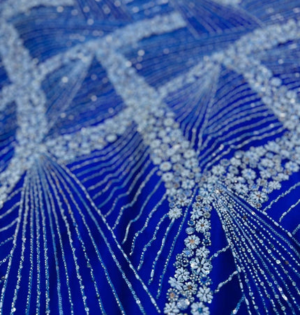 Luxurious Pearl / Beaded Lace - Royal Blue / Silver - 1 yard