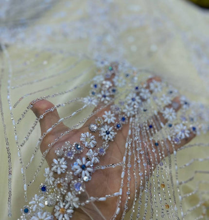 Luxurious Pearl / Beaded Lace - Cream / Silver - 1 yard