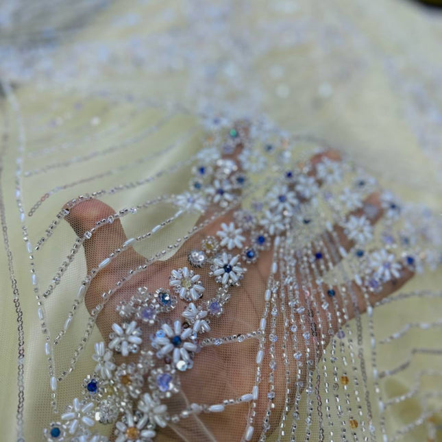 Luxurious Pearl / Beaded Lace - Cream / Silver - 1 yard