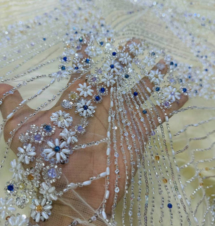 Luxurious Pearl / Beaded Lace - Cream / Silver - 1 yard