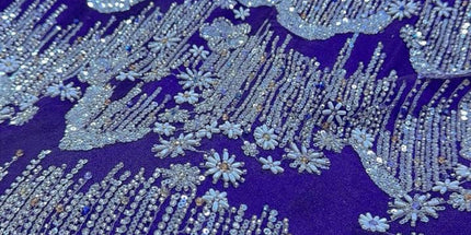 Beaded with Embroidered Rhinestones - Purple / Silver - 1 yard