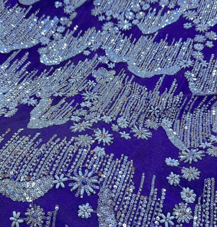 Beaded with Embroidered Rhinestones - Purple / Silver - 1 yard