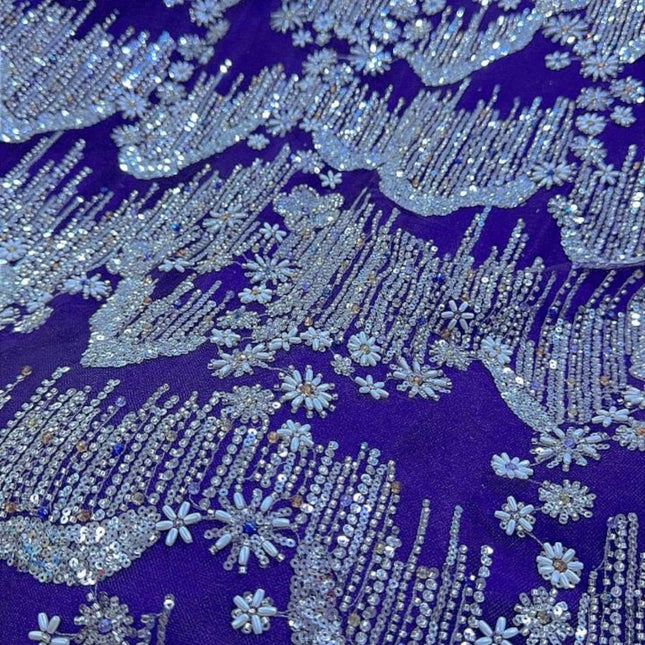 Beaded with Embroidered Rhinestones - Purple / Silver - 1 yard