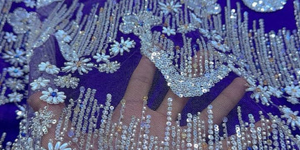 Beaded with Embroidered Rhinestones - Purple / Silver - 1 yard