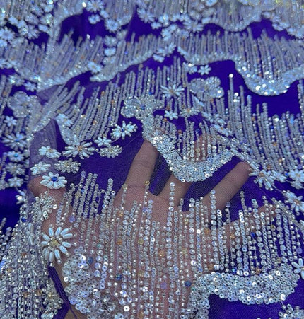 Beaded with Embroidered Rhinestones - Purple / Silver - 1 yard