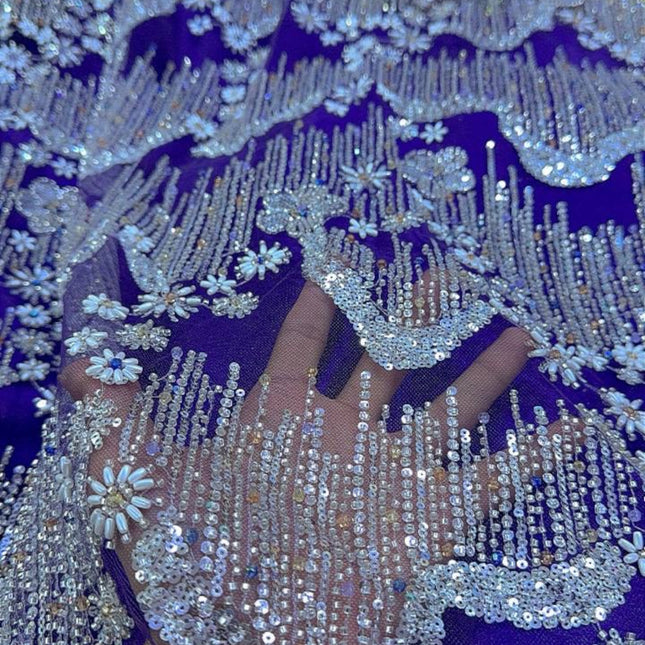 Beaded with Embroidered Rhinestones - Purple / Silver - 1 yard